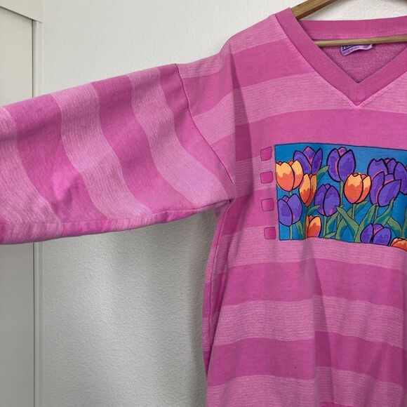Vintage Fresh Produce Sweater Womens Medium Striped Tulip Floral Pullover USA - Picture 7 of 13
